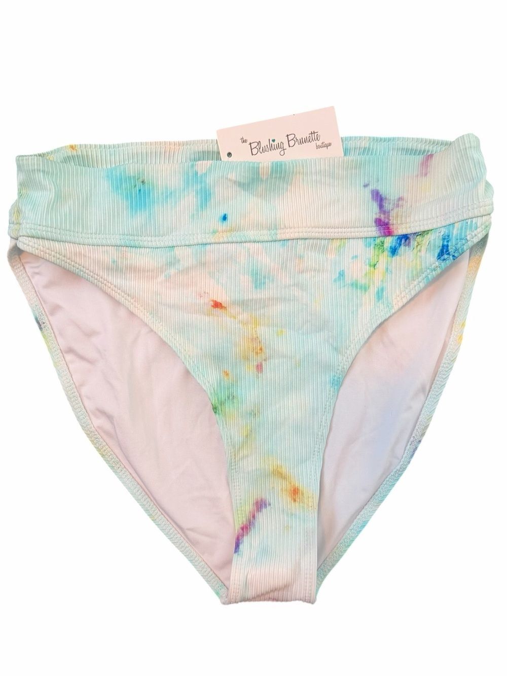 Blushing Brunette Ribbed High Waisted Pastel Tie Dye Bikini Bottom Women Sz L